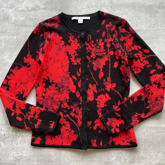 Diane von Furstenberg New Ibiza Jacquard Merino Cardigan Sweater Red Black - Picture 1 of 7